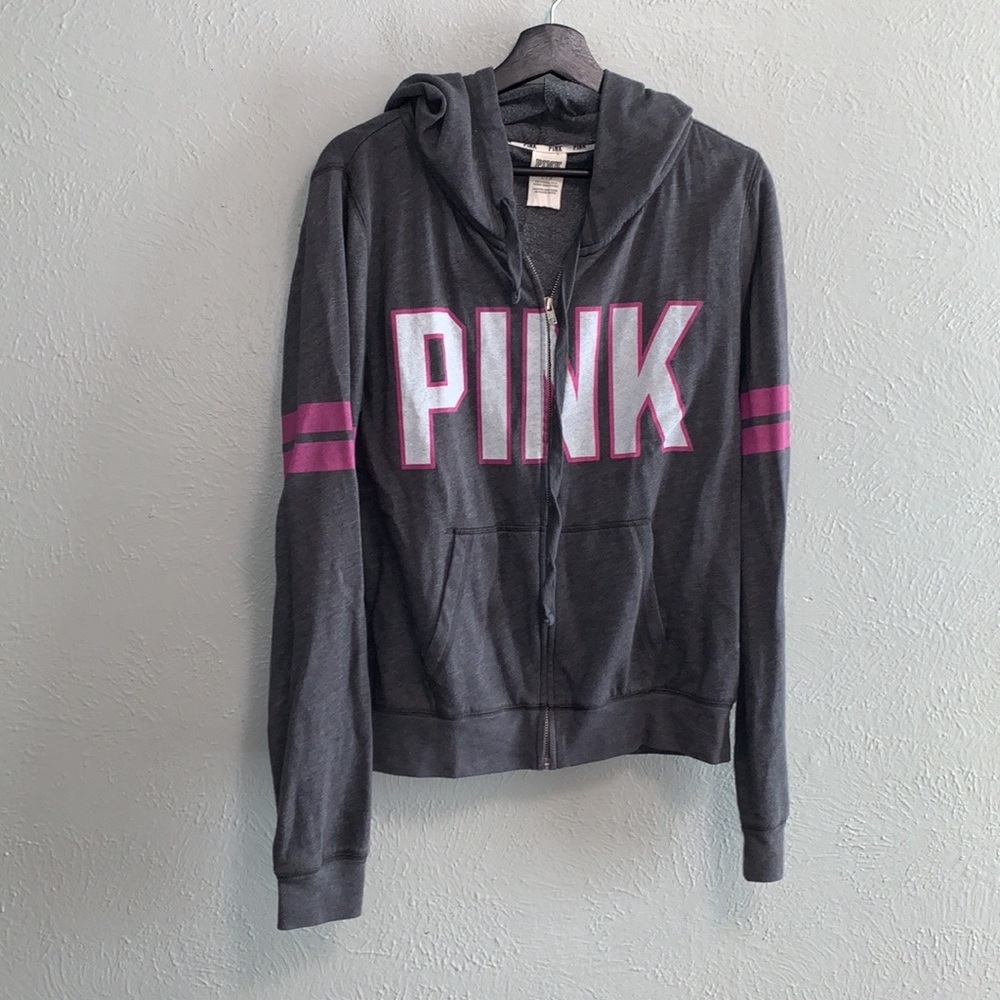 PINK Victoria's Secret Charcoal Gray Zip Hoodie with Pink Lettering